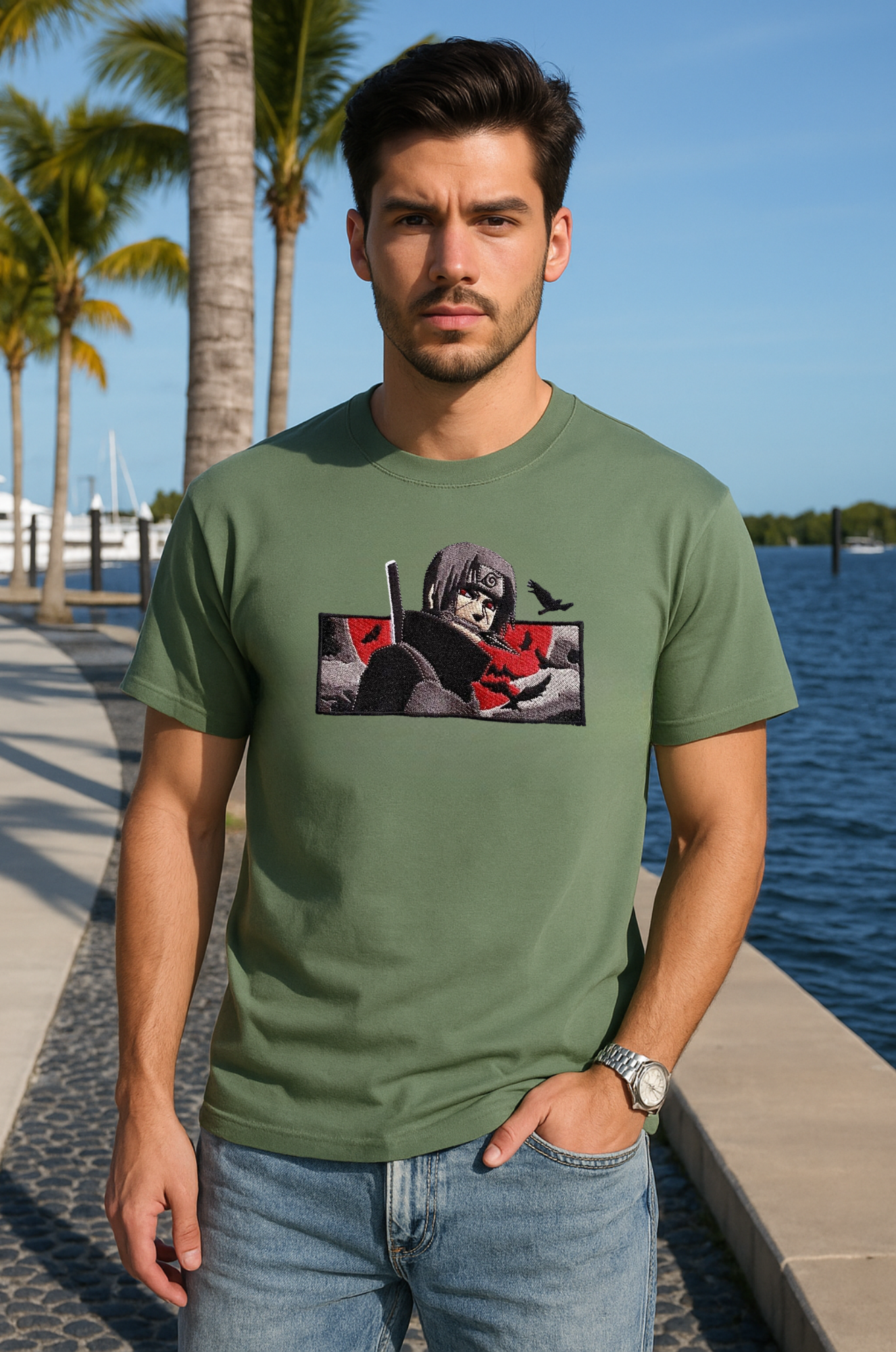 Camiseta bordada de itachi